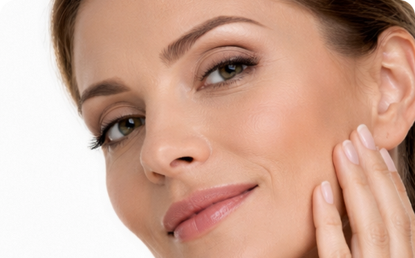 Close up of a woman with smooth skin touching her cheek, illustrating skincare for acne and anti aging treatments.
