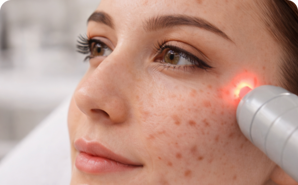 Close-up of a woman's face during red light laser treatment on her cheek for acne scars